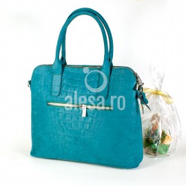 Geanta turquoise din piele croco Genie