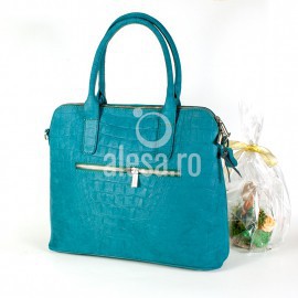Geanta turquoise din piele croco Genie