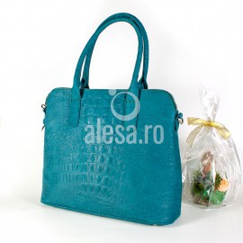 Geanta turquoise din piele croco Genie